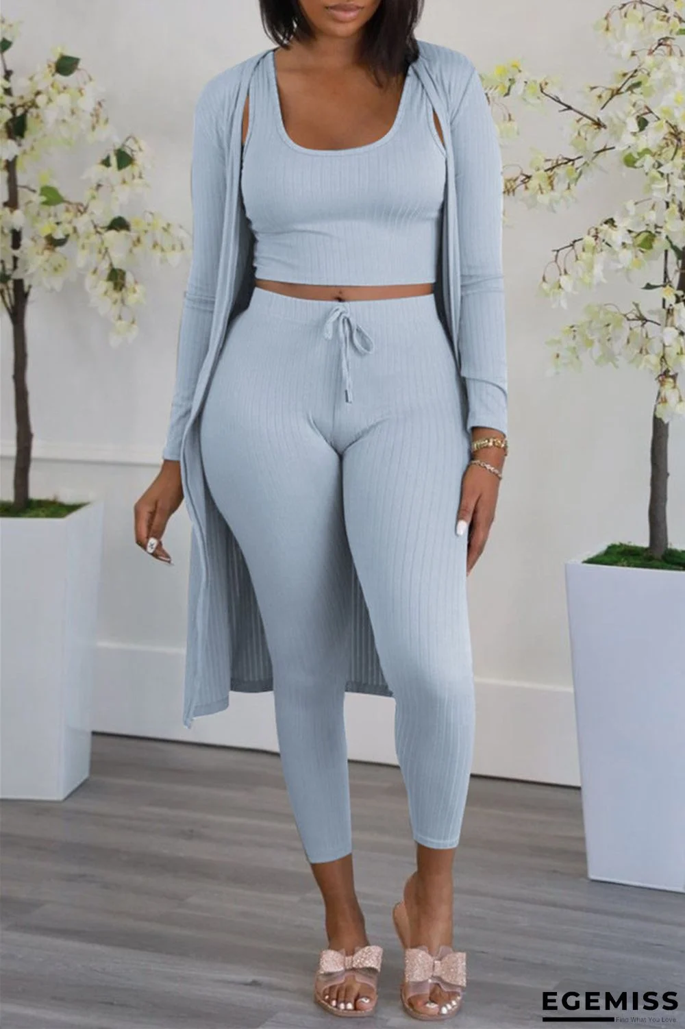 Blue Gray Fashion Casual Solid Cardigan Vests Pants U Neck Long Sleeve Three-piece Set | EGEMISS
