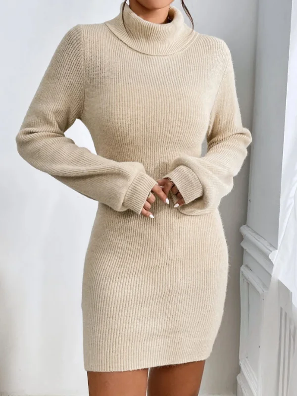 Nigikala Nigikala Women's Sweater Dress Stylish Simple Thin Knitted High-Necked Solid-Colored Knitted Dress