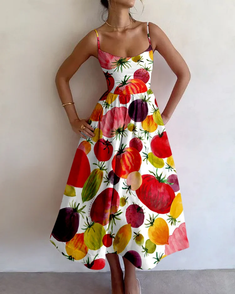 Resort style tropical fruit print slip dress