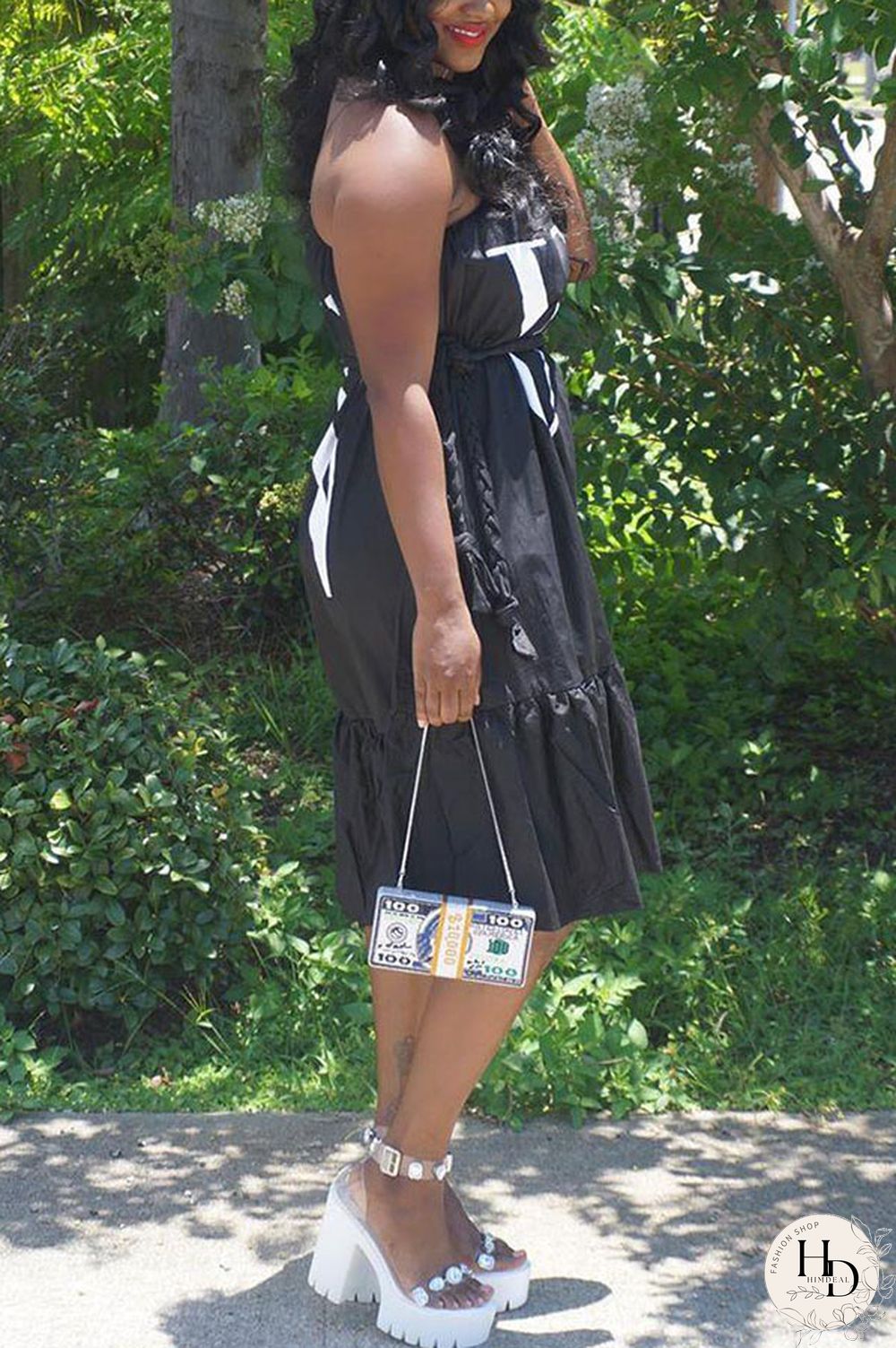 Black Fashion Off The Shoulder Sleeveless Slip Swagger Knee-Length Print Dresses