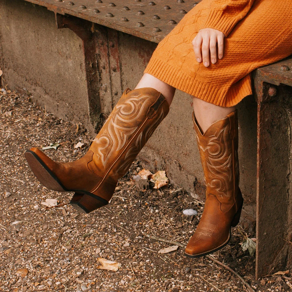 Brown Chunky Heel Embroidered Snip Toe Cowgirl Mid-Calf Boots