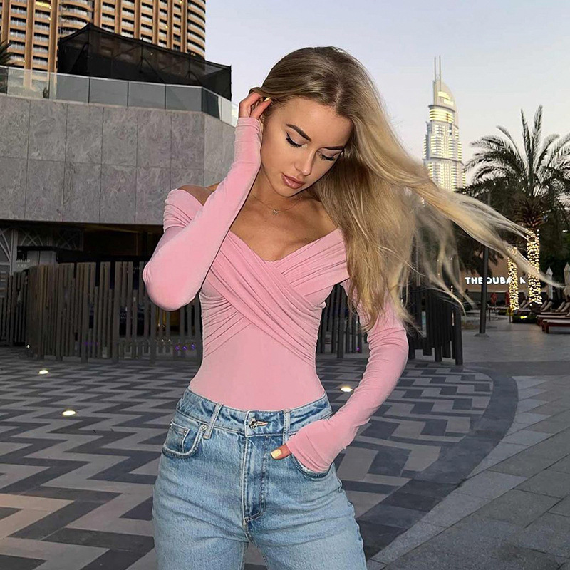 Ootddress V-Neck Summer Patchwork T-shirt Cropped Top For Women Fashion Mesh Long Sleeve Sexy Off-Shoulder Female Y2k Top Tee 2025