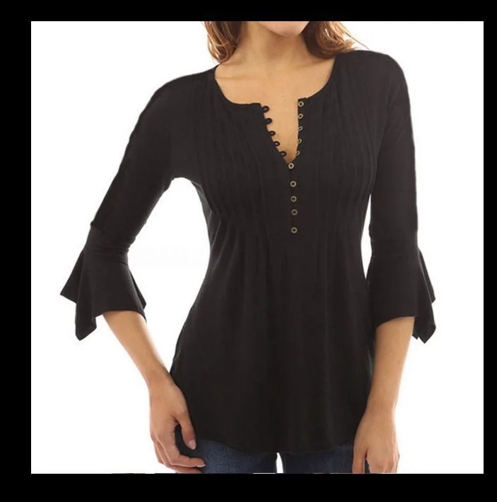 Three-quarter Bell-sleeve V-neck Pleated Solid Color T-shirt Bottoming Shirt Women's Top Elegant Casual