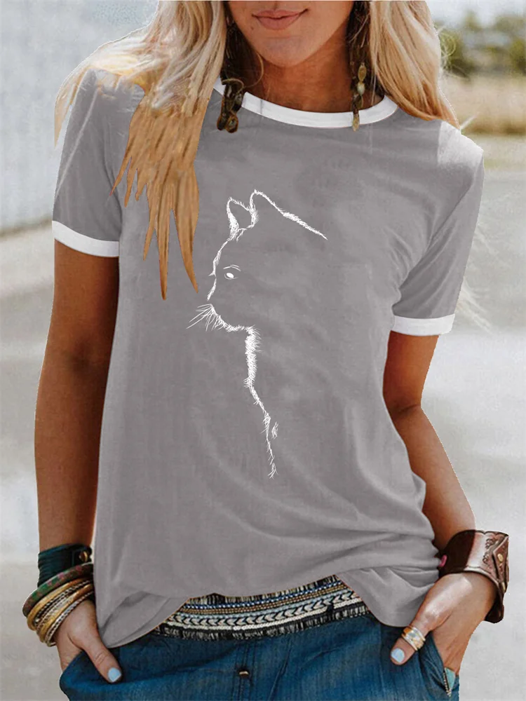 Fuzzy Cat Silhouette Graphic T Shirt