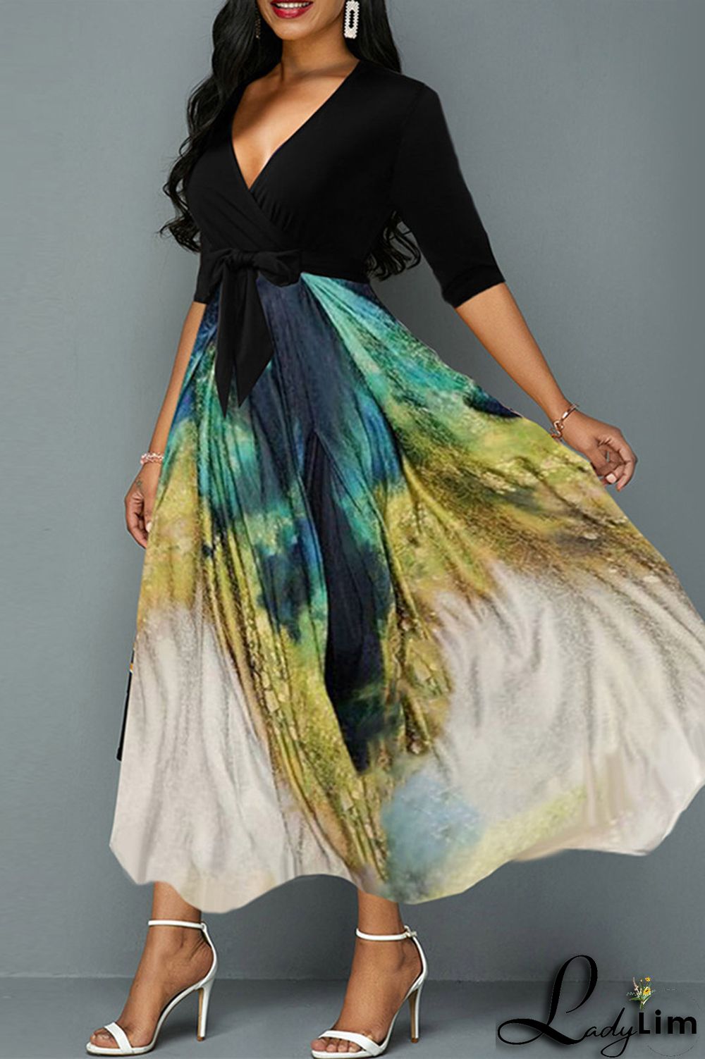 Black Fashion Casual Print Split Joint With Belt V Neck Long Dress