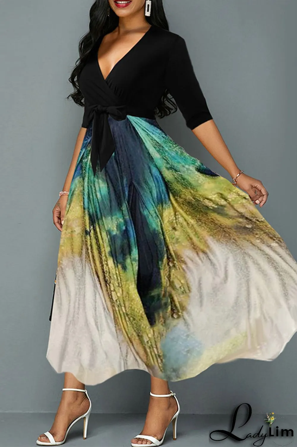 Black Fashion Casual Print Split Joint With Belt V Neck Long Dress