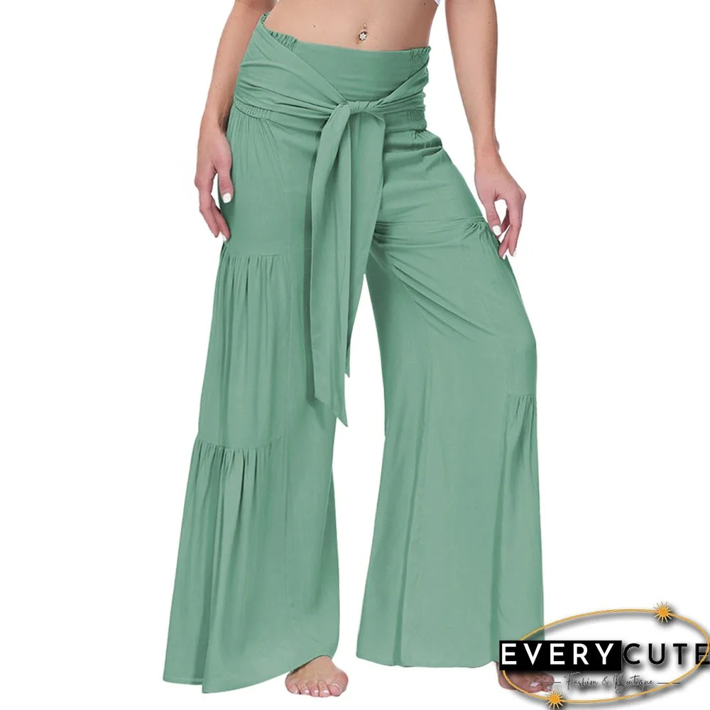Green Smocked High Waist Palazzo Pants with Tie