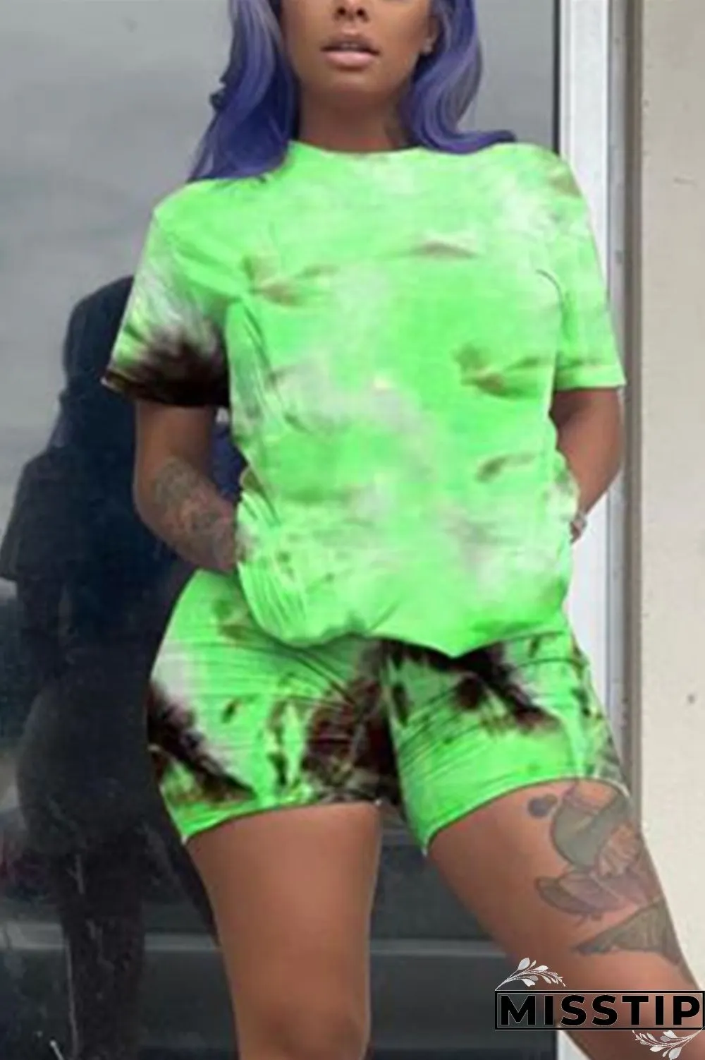 Pink Fashion Casual Tie-dye Printed Two-piece Set