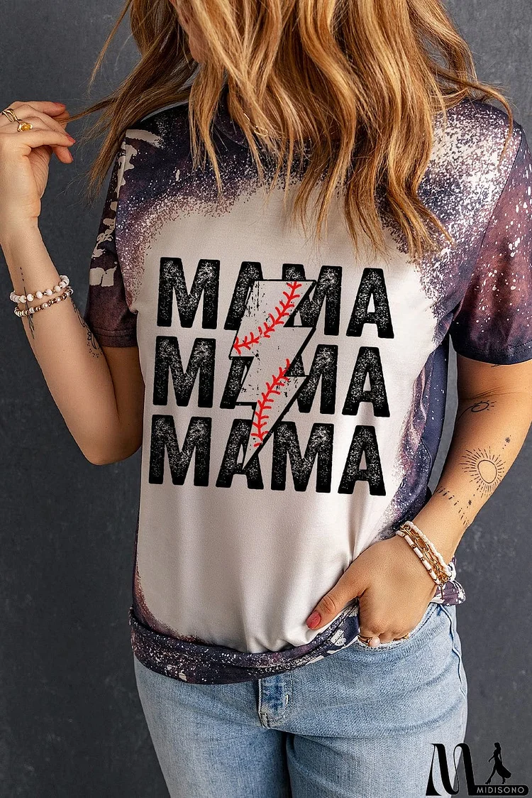 color Bleached MAMA Letter Graphic Short Sleeve T-shirt