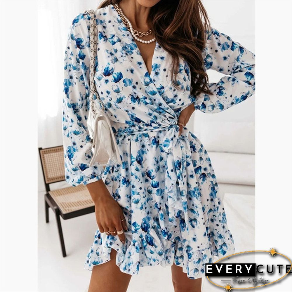 Fall Fashion Floral Print V-neck Long Sleeve Slim Mini Dress Ladies Elegant Vestidos