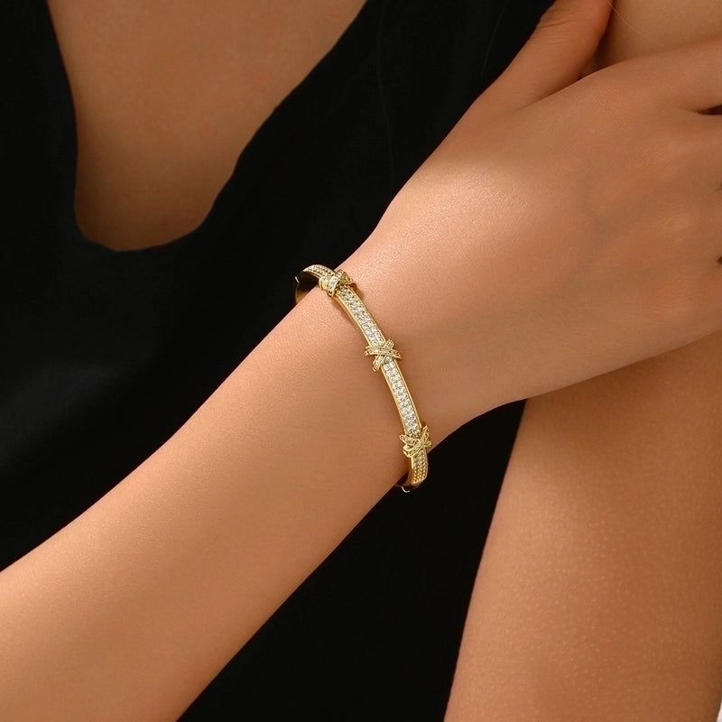 Copper 18K Gold Plated IG Style Minimalist Inlay Letter Zircon Bangle