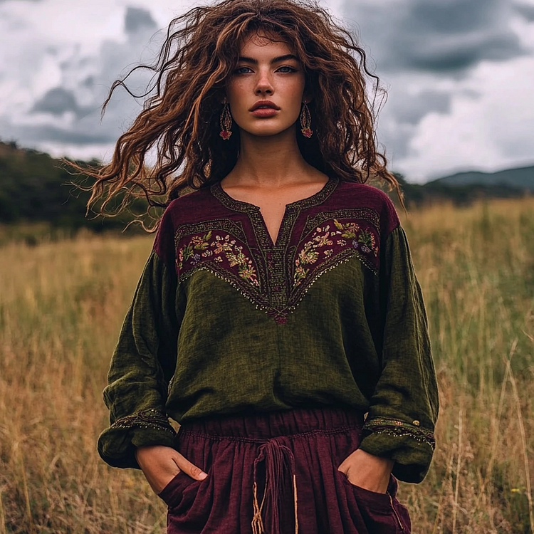 Utbros Boho Floral Tassel Art Linen Blend Loose Blouse