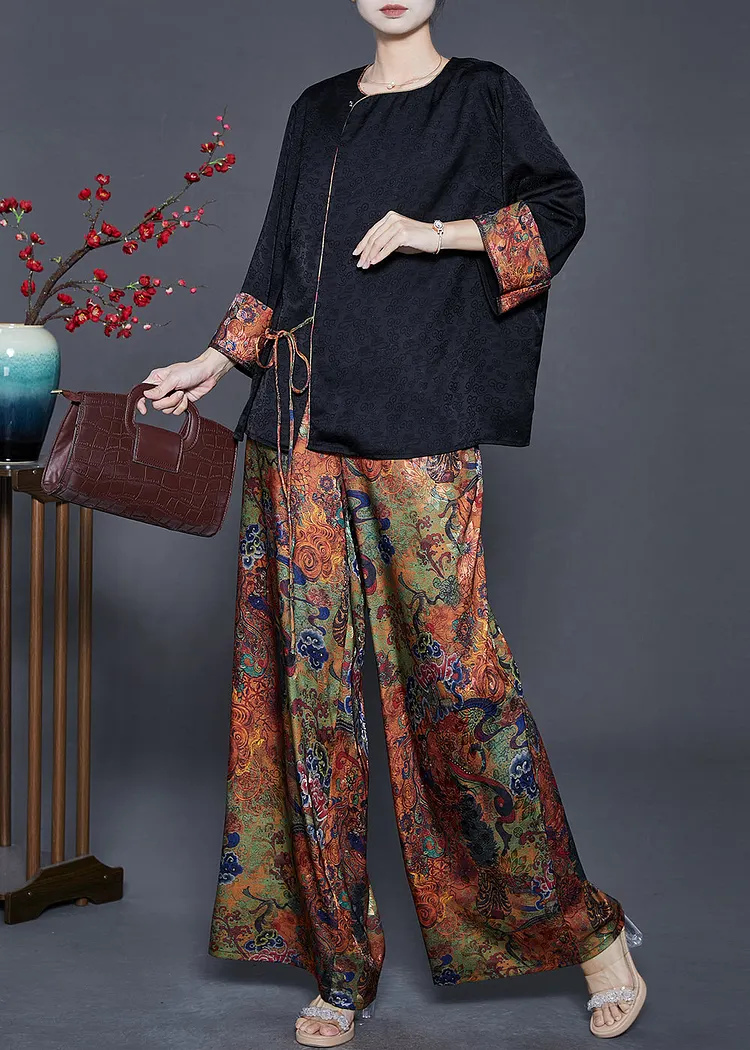 Chic Black Print Patchwork Lace Up Silk Two Pieces Set Fall