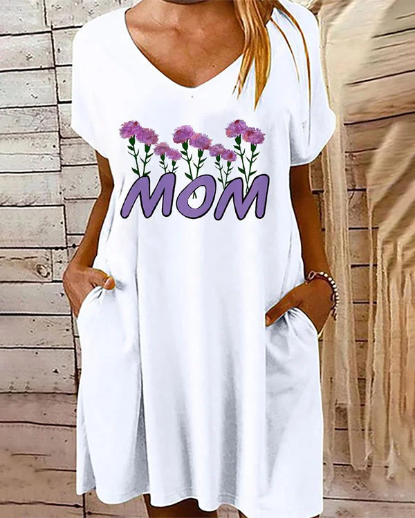 Mother’s Day Letter Print Casual V Neck Short Sleeve Loosen Mini Dress