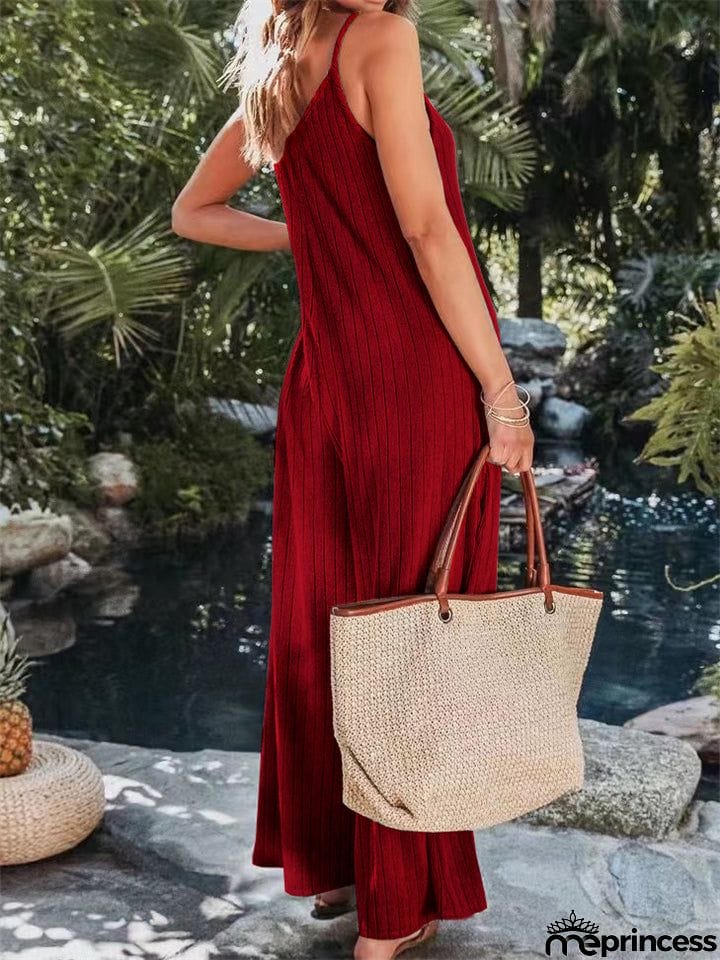 Vacation V Neck Backless Elegant Straight Leg Jumpsuit for Lady