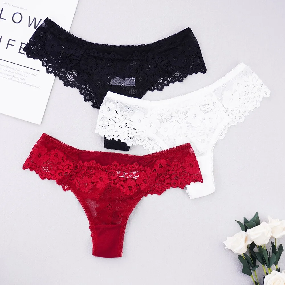 Billionm Sexy Lace Thong Low Waist Lace Transparent Panties Women Hollow out Breathable G String Briefs Bow Underwear Lingerie