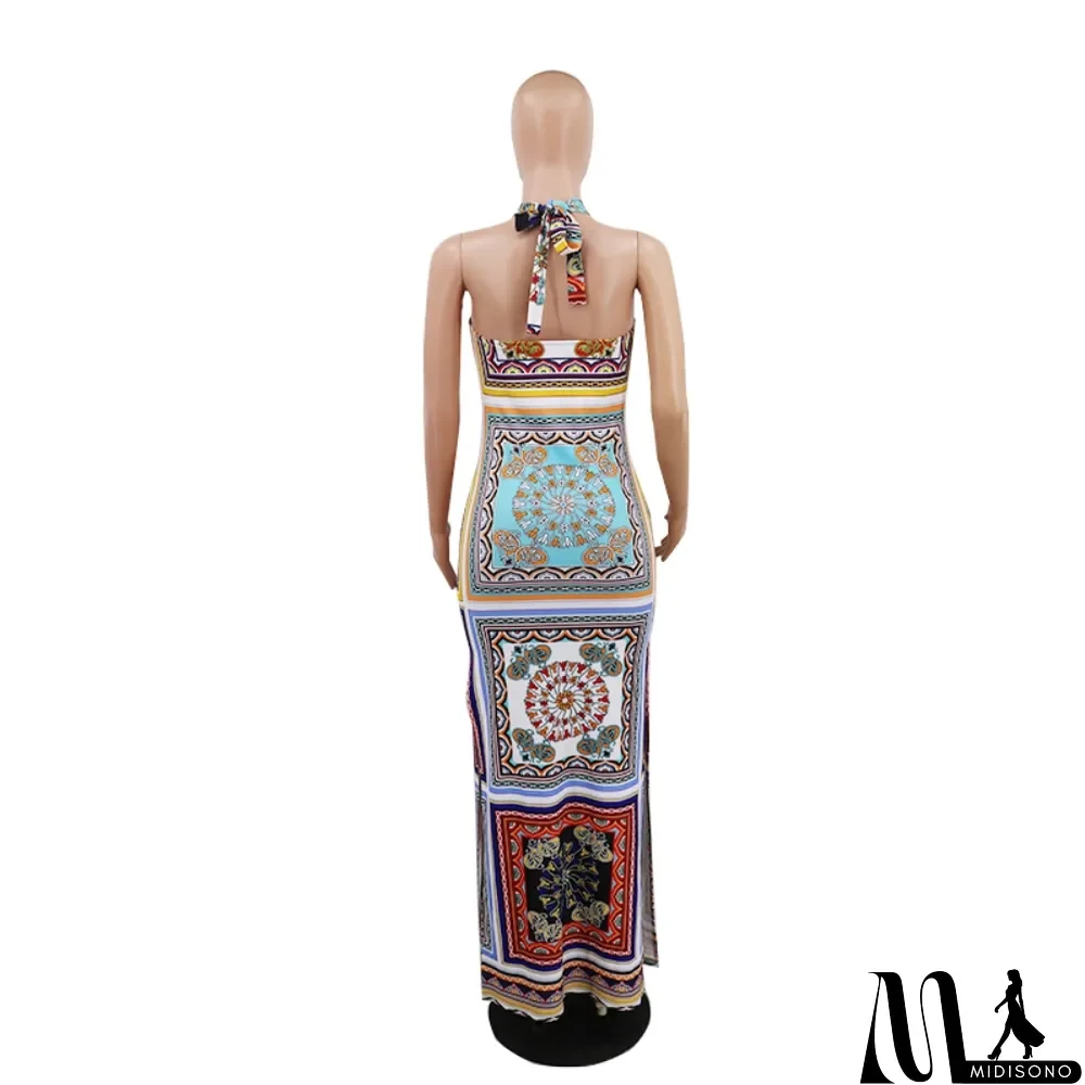 MidiSono - Print Low Back Sexy Slit Halter Long African Dress