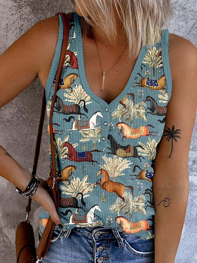 Vintage Horse Pattern Button Up V Neck Tank Top