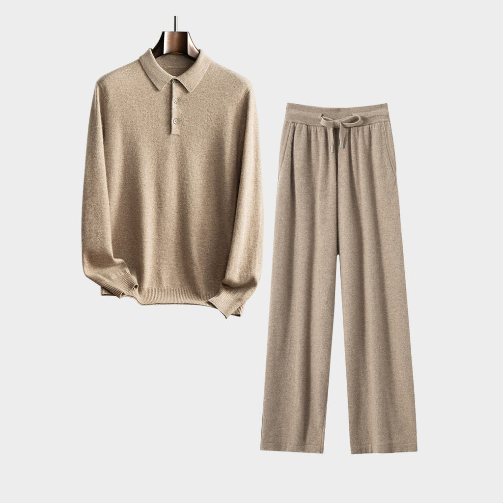 Men's Camel Polo-Style Cashmere Sweater and Pants Set | Casual Outfit REAL SILK LIFE