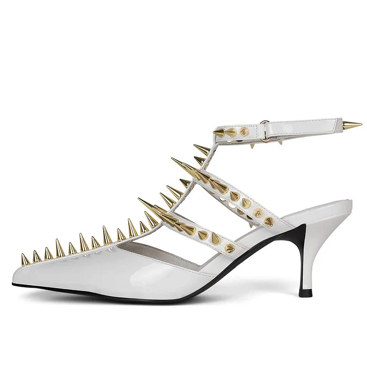 White Patent Leather Pointed Toe Studded T-Strap Heels |FSJ Shoes