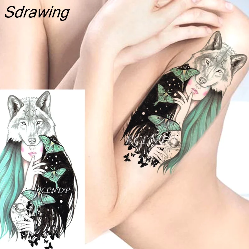 Sdrawing Temporary Tattoo Sticker Wolf Large Animal Triangle Dot Design Fake Tatoo Flash Tatto Arm Leg Body Art for Women Men