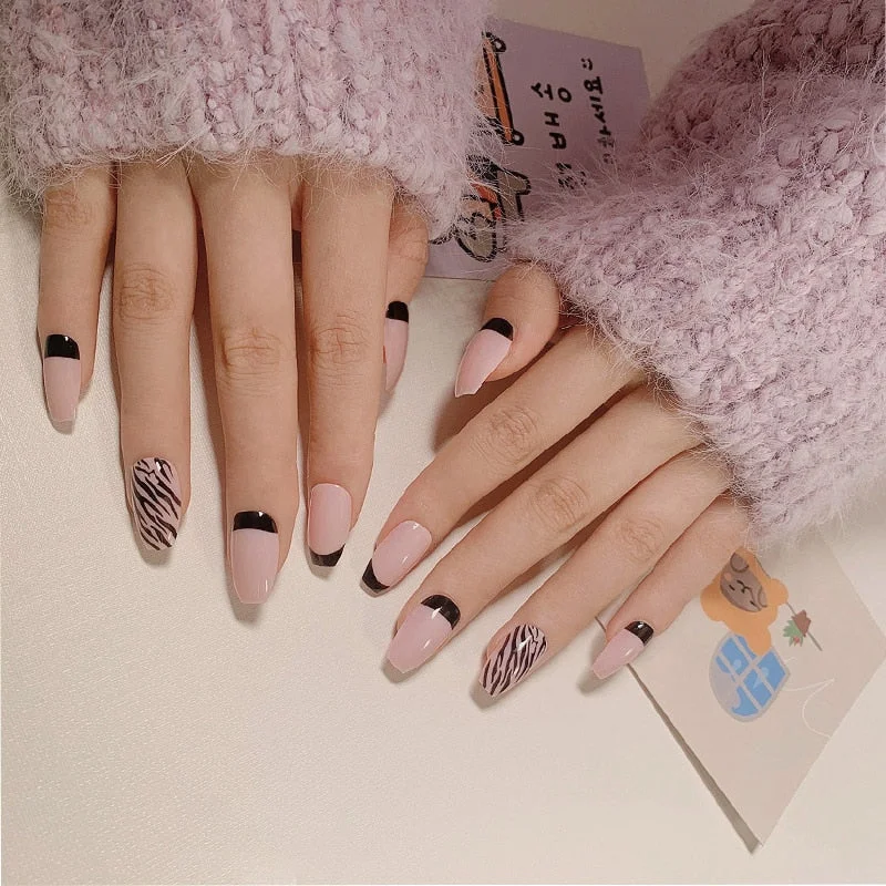 24pcs false press on nails pink color oval head Mid-length Wear  Finished product wearable full cover fake nail tips for girls 515-1-Nail Inspo