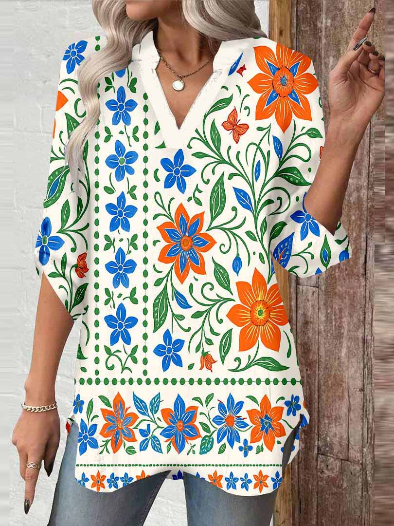 Women Tropical, Floral, Blue DZGA0088 3/4 Sleeve V-neck Printed Graphic Button Tops