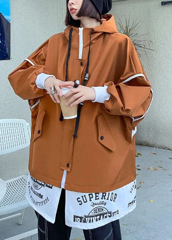 Unique Caramel Pockets Button Zippered Fall Patchwork Long sleeve Coat