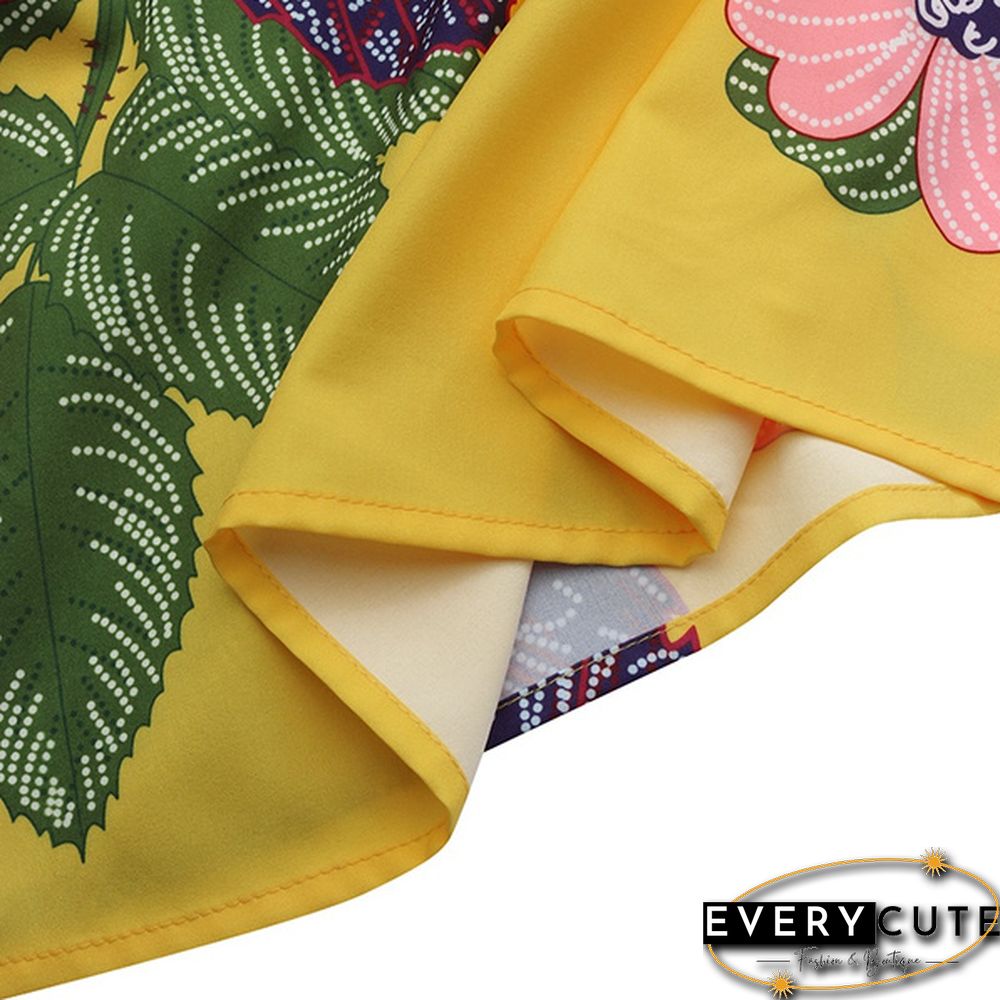Elegant Elastic High Waist Pockets Umbrella Skirt Women Flower Print Party Maxi Skirts