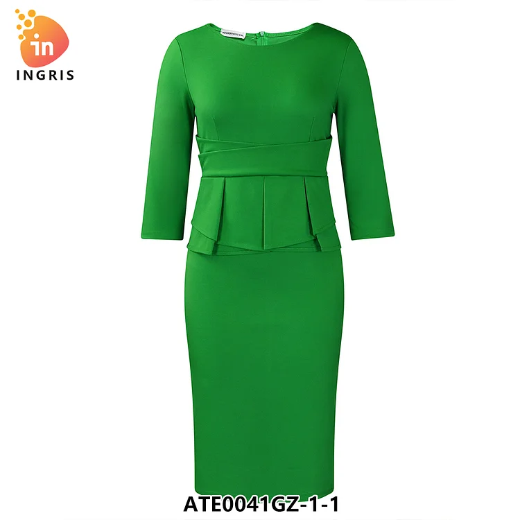 Latest Design Autumn Winter Dresses Women Casual Three Quarter Hip Wrap Ruffle Ladies Office Dress Elegant Africa Dresses-ATE0041GZ