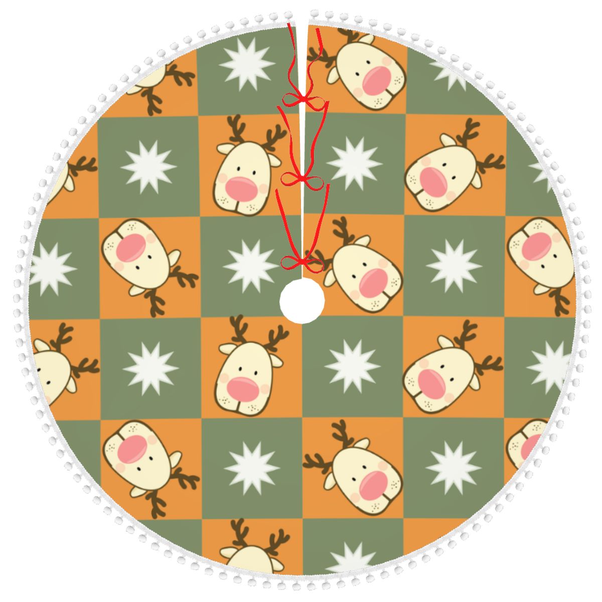 Christmas Chessboard Xmas Tree Skirt with White Pom Pom Trim