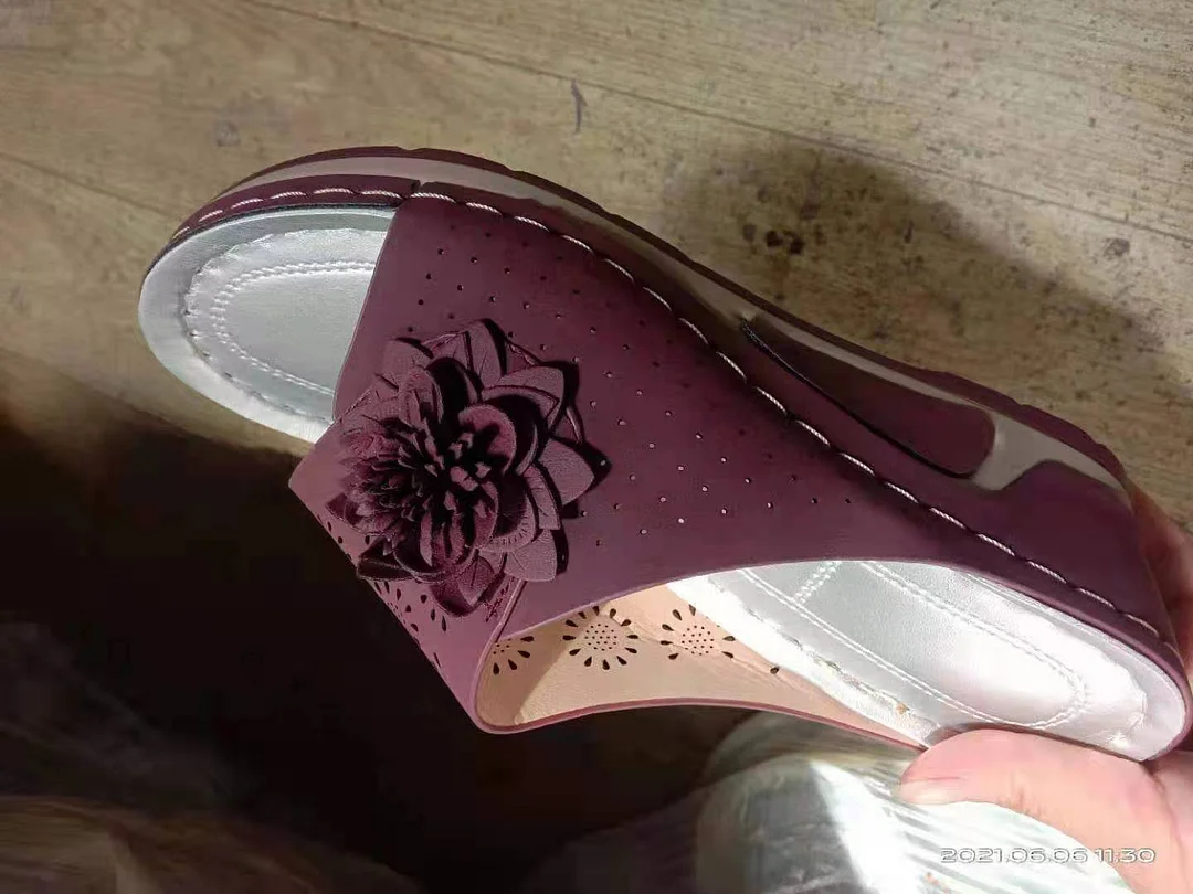 Breakj Breakj Summer New Slope With Flowers Fish Mouth Large-Size Slippers Car Sewing Hollow Women Casual Cold Slippers