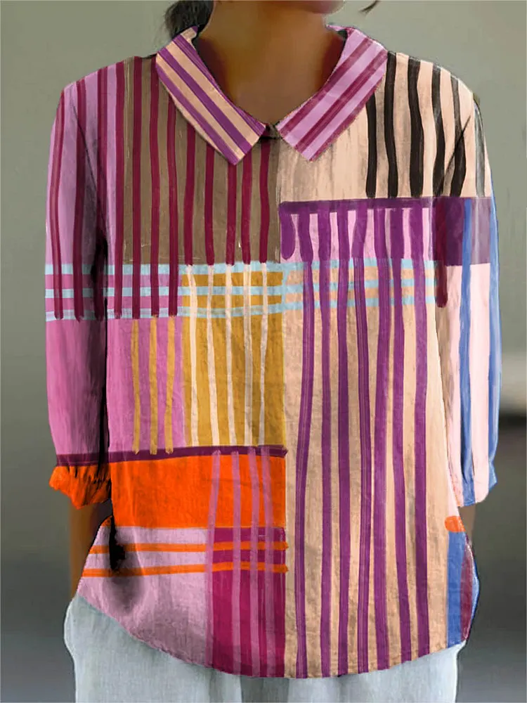 Women's Abstract Geometric Line Pattern Art Print Casual Cotton And Linen 3/4 Sleeve Shirt