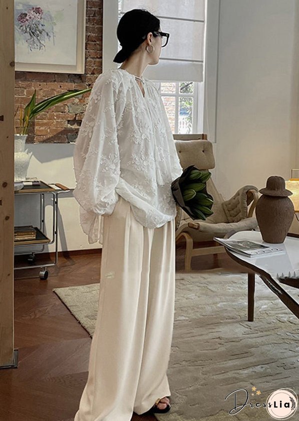 Plus Size Cozy White Embroideried Cotton Shirt Tops Fall