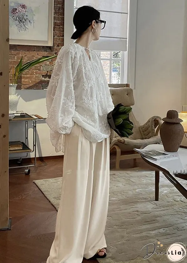 Plus Size Cozy White Embroideried Cotton Shirt Tops Fall