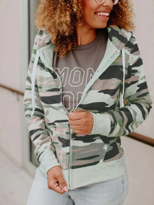 Women's Long Sleeve Printed Camouflage Hooded Zip Jacket Flusfy