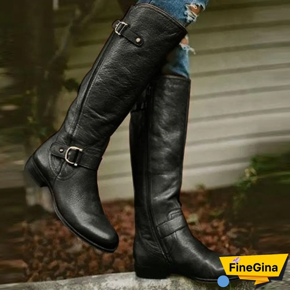 New Fashion Women Shoes Plus Size 34-43 Bottes Femmes Botas Mujer Kvinnoskor Cowgirls Military Combat Buckle Knee High Boots Genuine Leather Low Heel Women Knight Boots