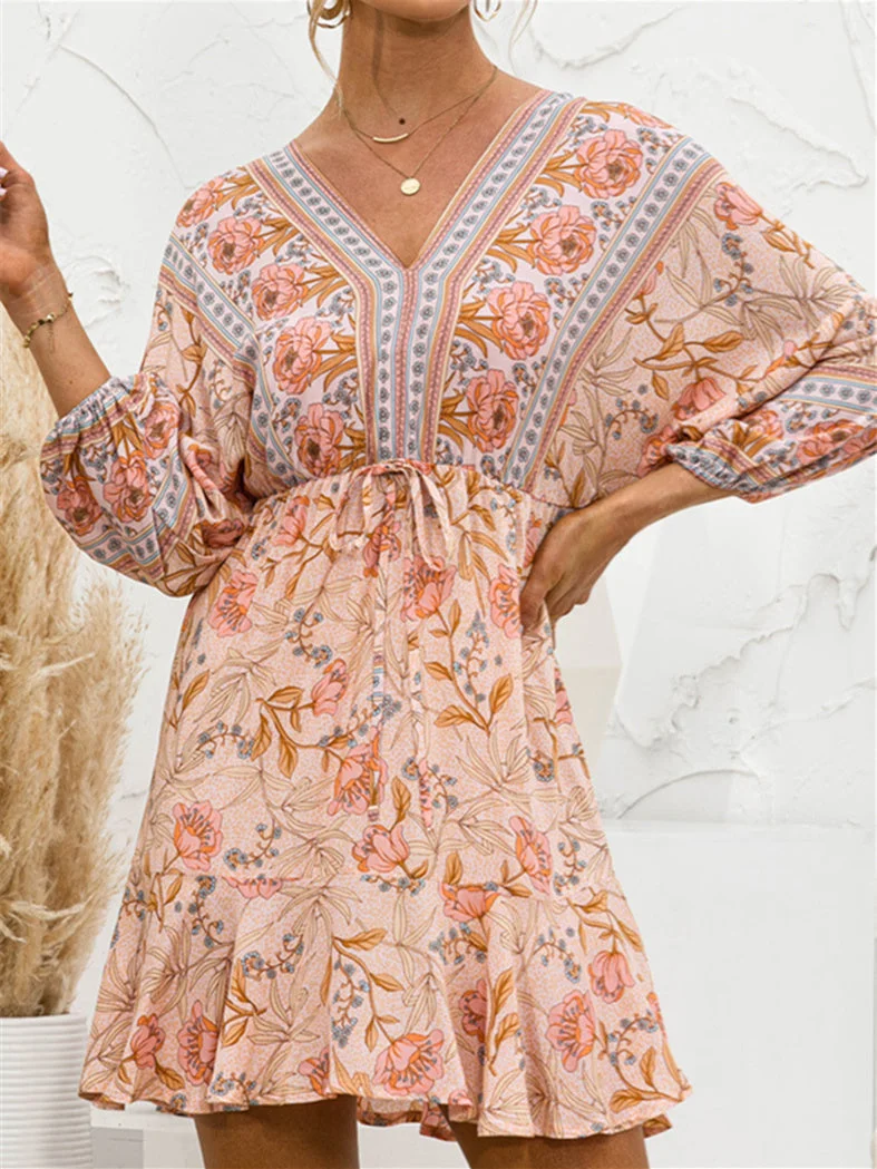 Women's Long Sleeve V-neck Floral Printed Lace-up Midi Dress