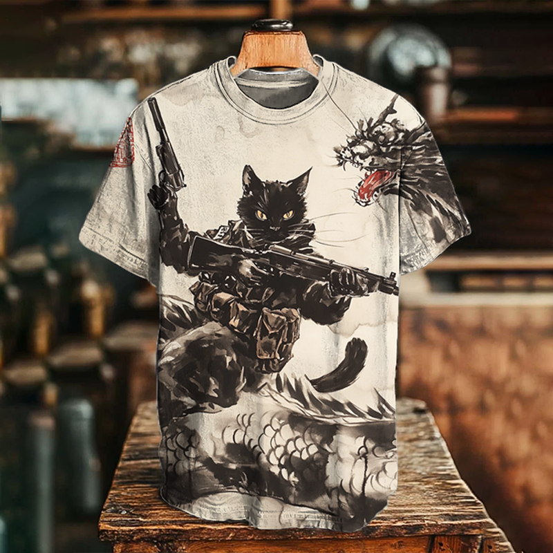 Men's Black Cat Warrior Holding A Gun Riding On A Dragon Print Casual T-shirt