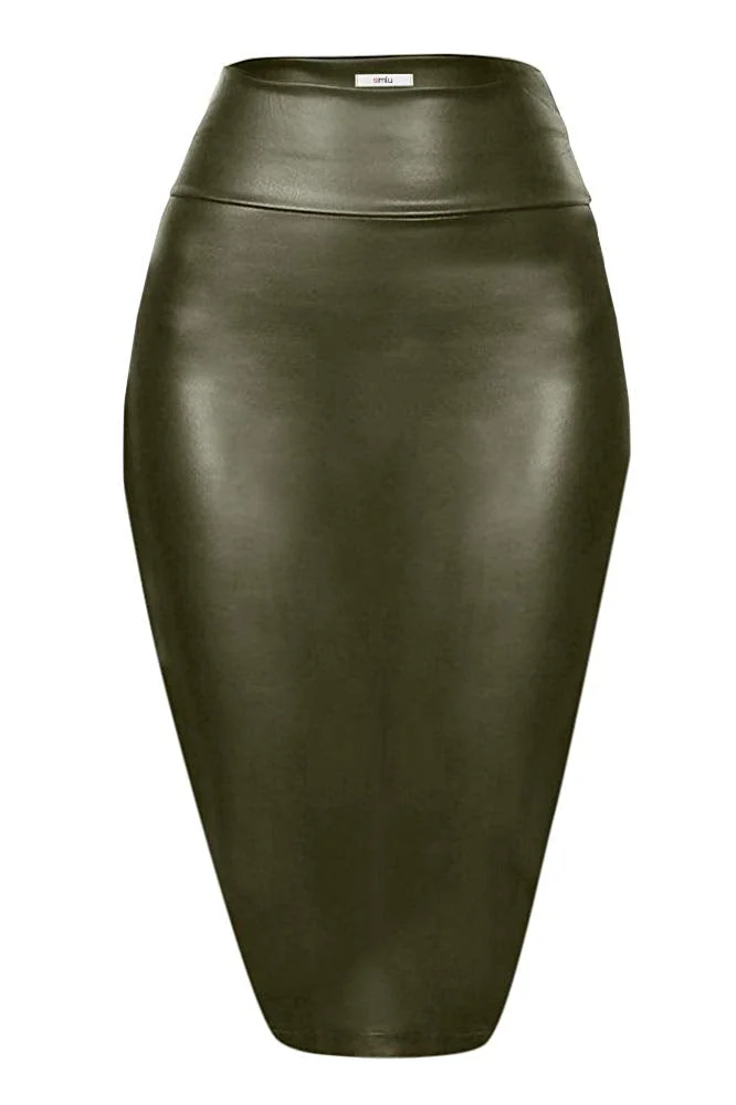 Faux Leather Pencil Skirt Below Knee Length Skirt Midi Bodycon Skirt for Womens, USA