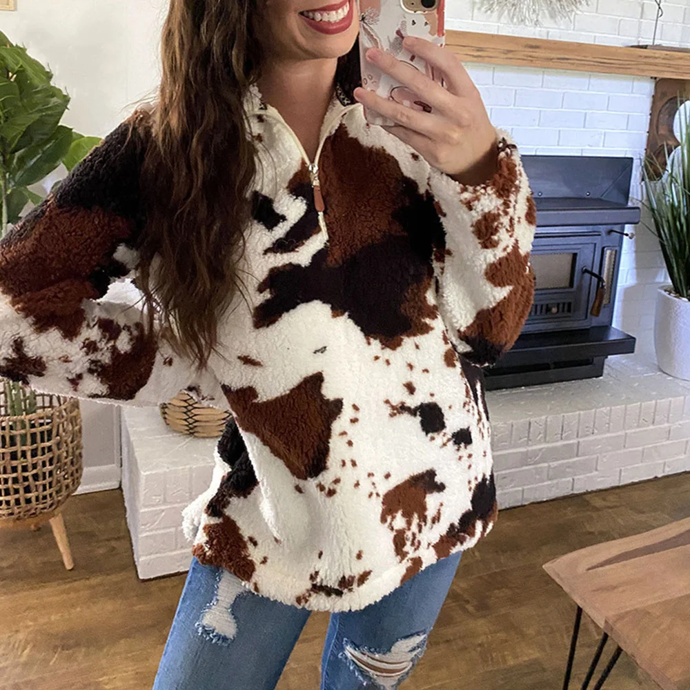 Smiledeer Winter women's casual milk cow print plush sweatshirt jacket