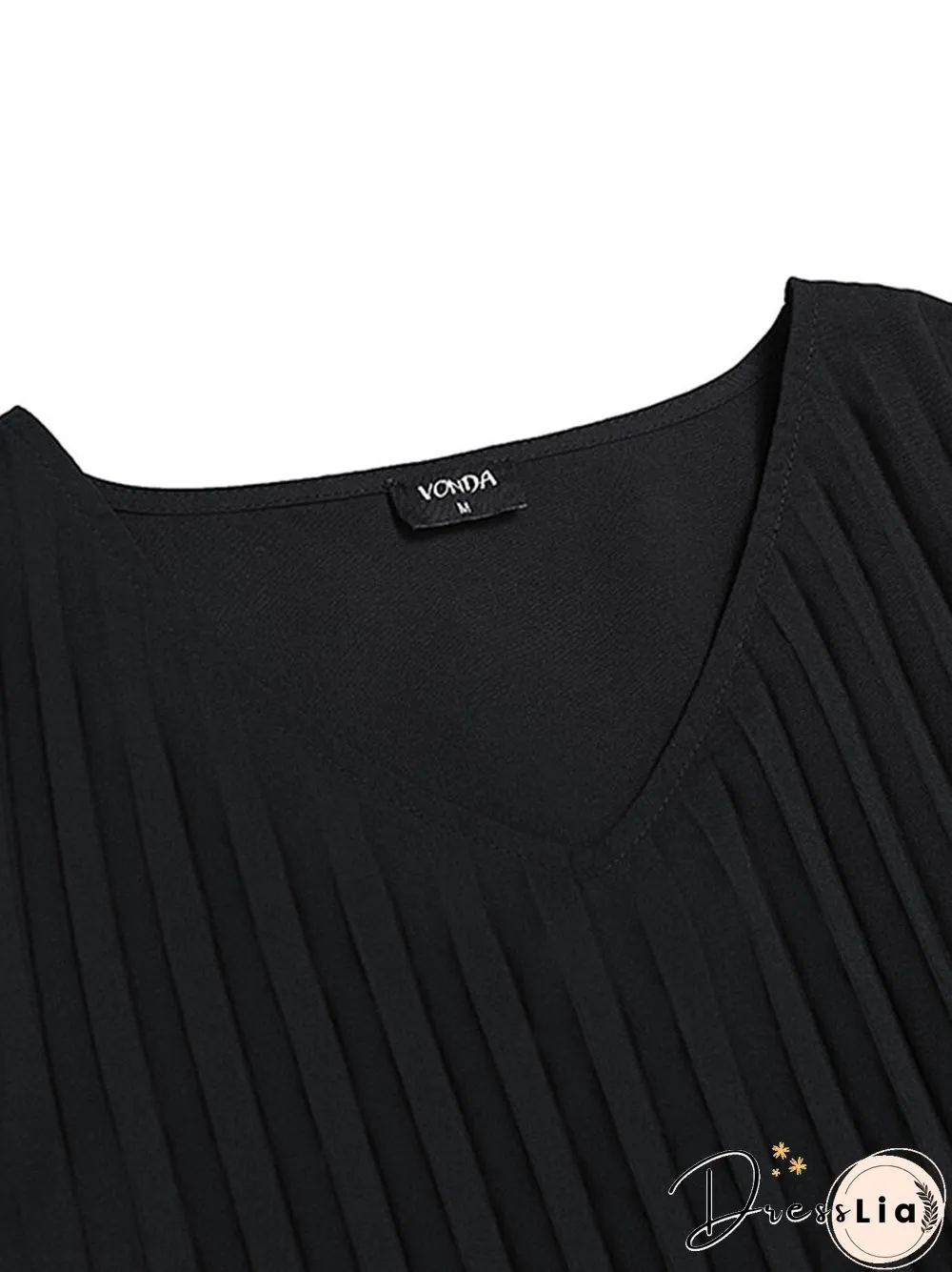 Patchwork Pleats V Neck Lantern Sleeve Casual Dress