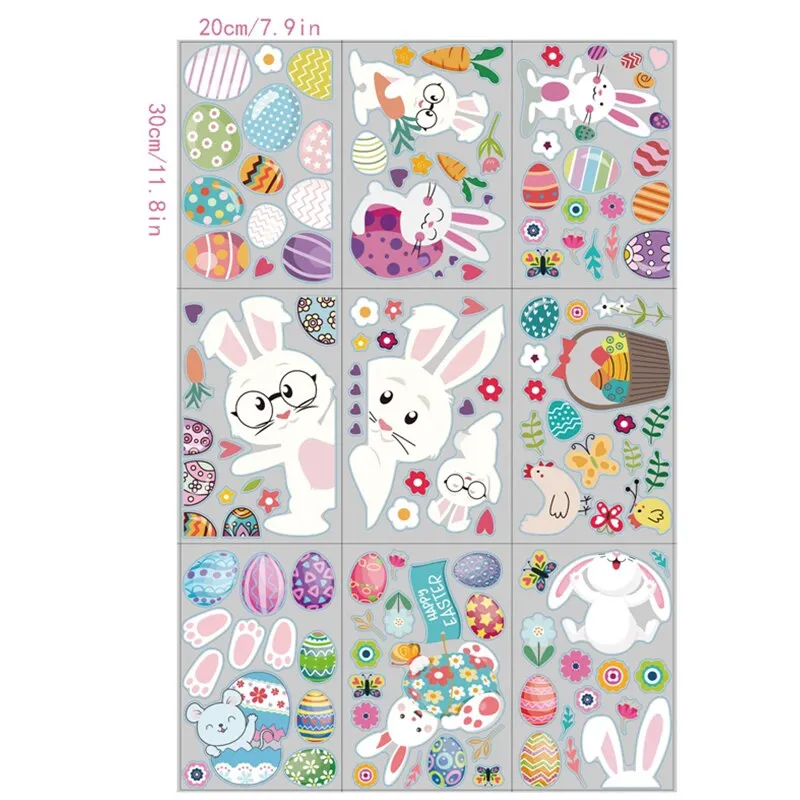 9Sheets Easter Window Stickers Cartoon Rabbit Egg Wall Sticker Fridge DIY Decal Happy Easter Party Decorations for Home 2022