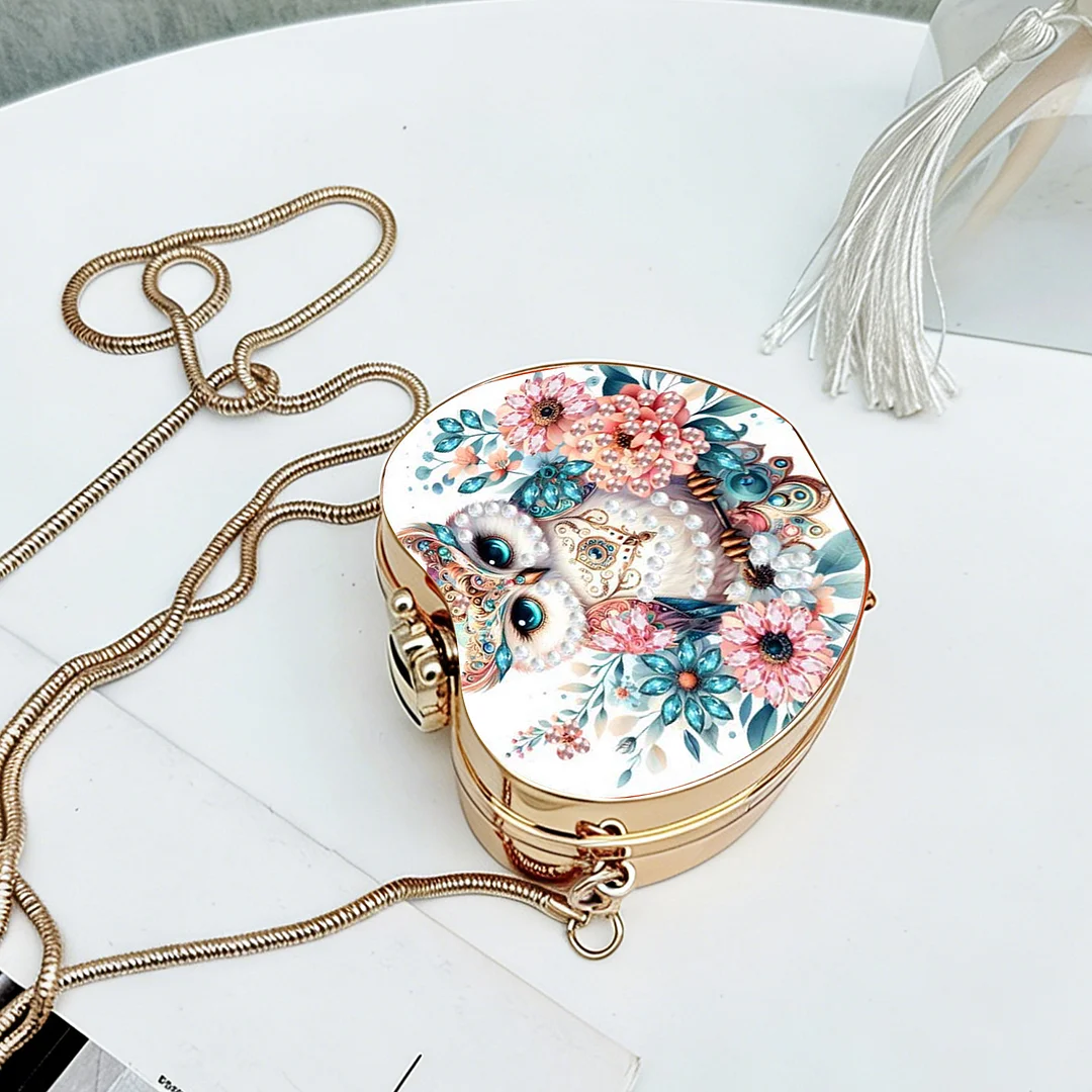 Owls and Flowers DIY Acrylic Love Diamond Art Painting Card Case Wallet with Chain Small Diamond Painting Crossbody Bag for Adults Women Girls Gift