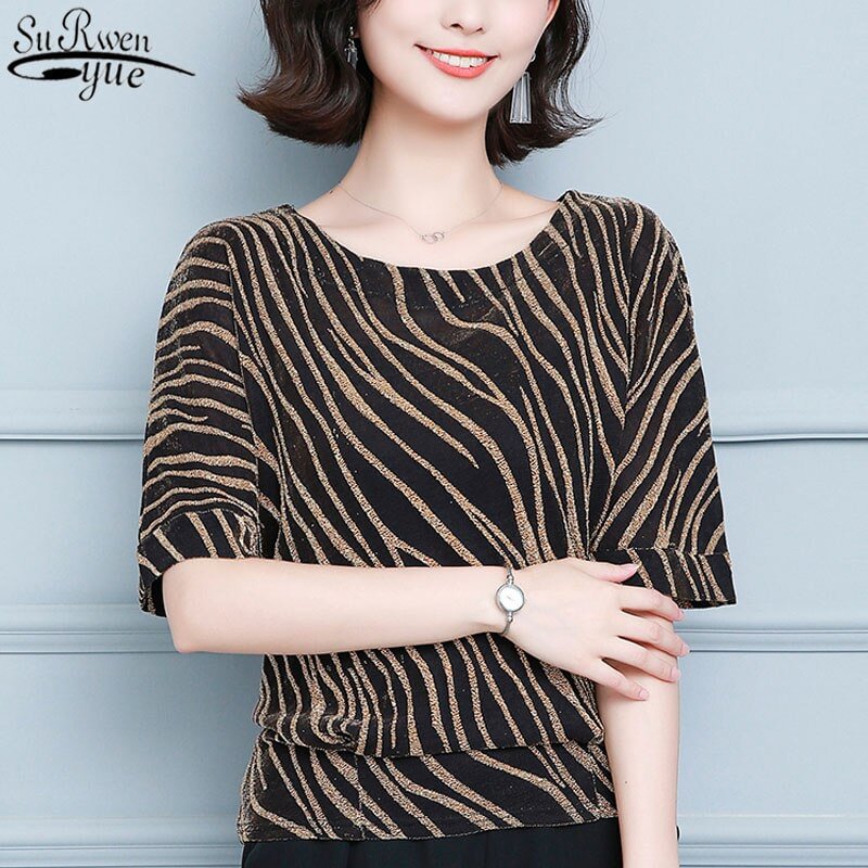 2021 Spring and Summer New Women's Striped Office Lady Style Short Sleeve Blouse Plus Size 4XL Women Base Shirt Blusas 10365