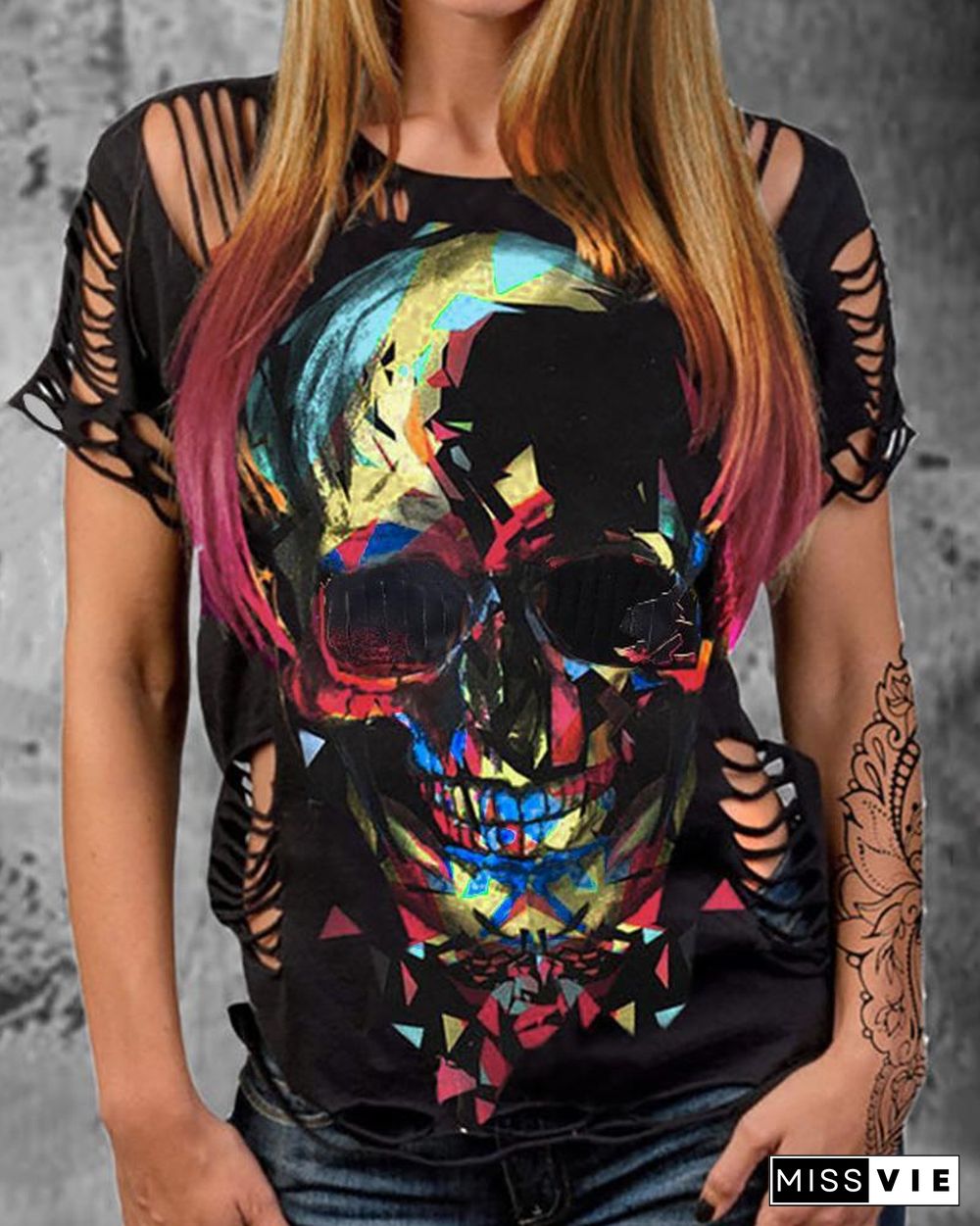 Skull Print Colorblock Cutout T-shirt P14821