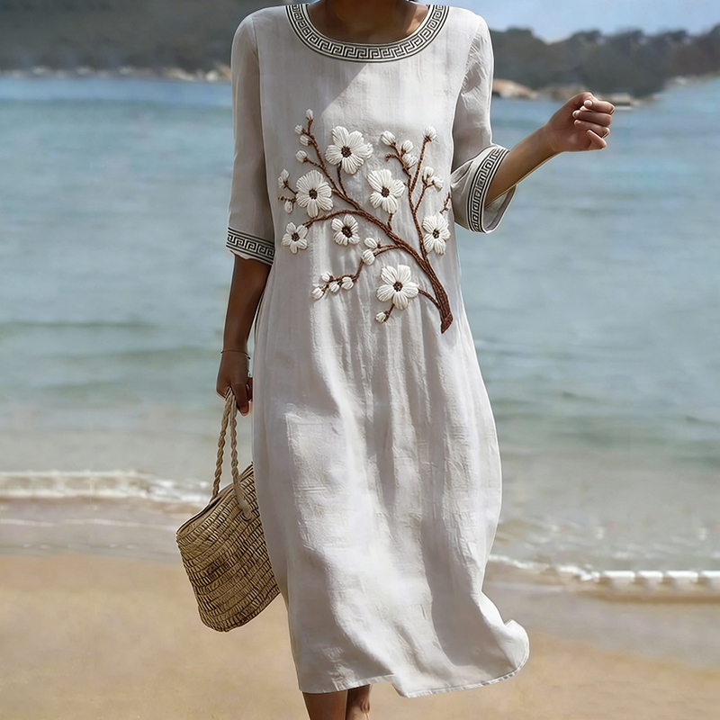 Women's Japanese Plum Blossom Art Linen-blend Casual Maxi Dress elevenforest
