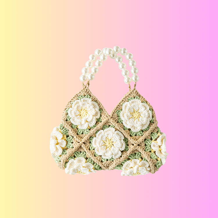 Lulusnow Handmade White Beige 3D Rose Classic Granny Square Crochet HandBag Mother's Day Gifts
