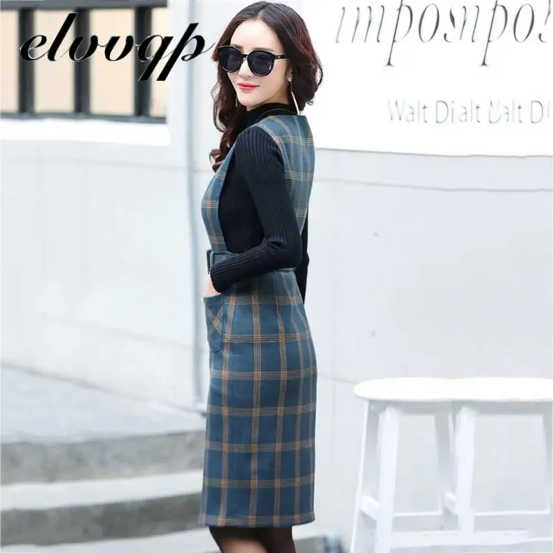 Vest Dress Women Autumn Winter V-neck Vest Dress Vintage Sleeveless Pocket Plaid Dress Female Slim Belt Office Dresses Vestidos