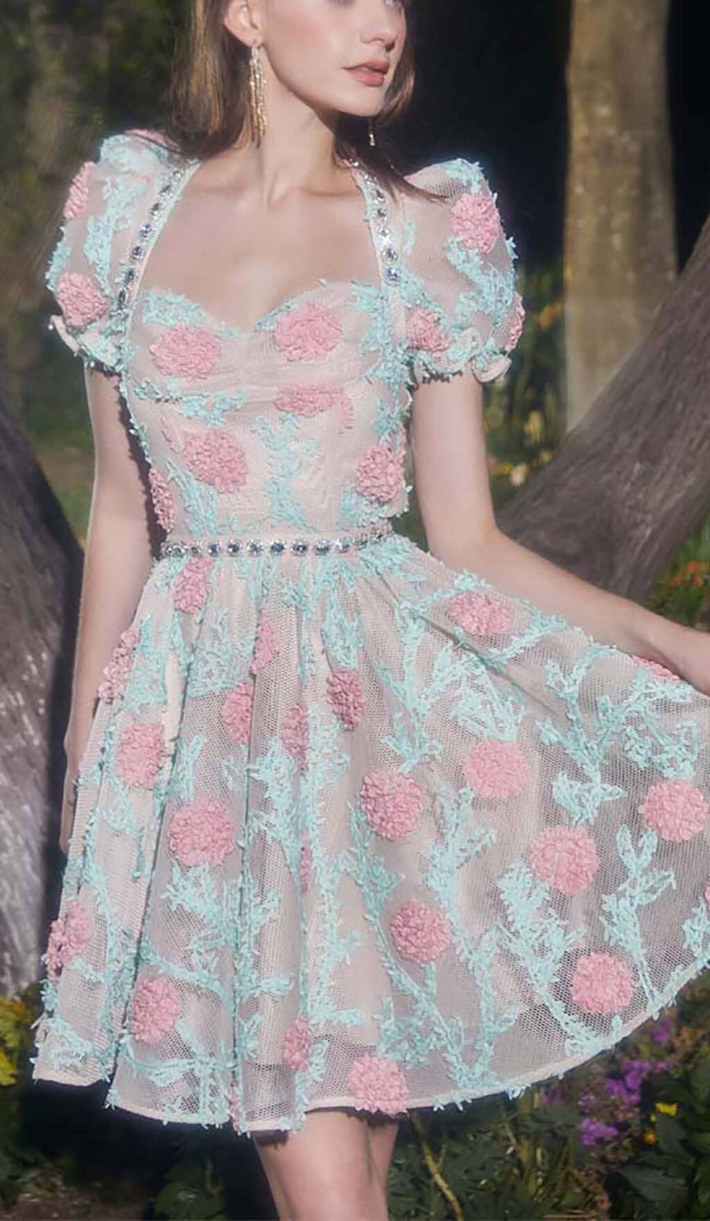 Appliquéd Lace Embroidered Two Piece In Blue Flowering Girl